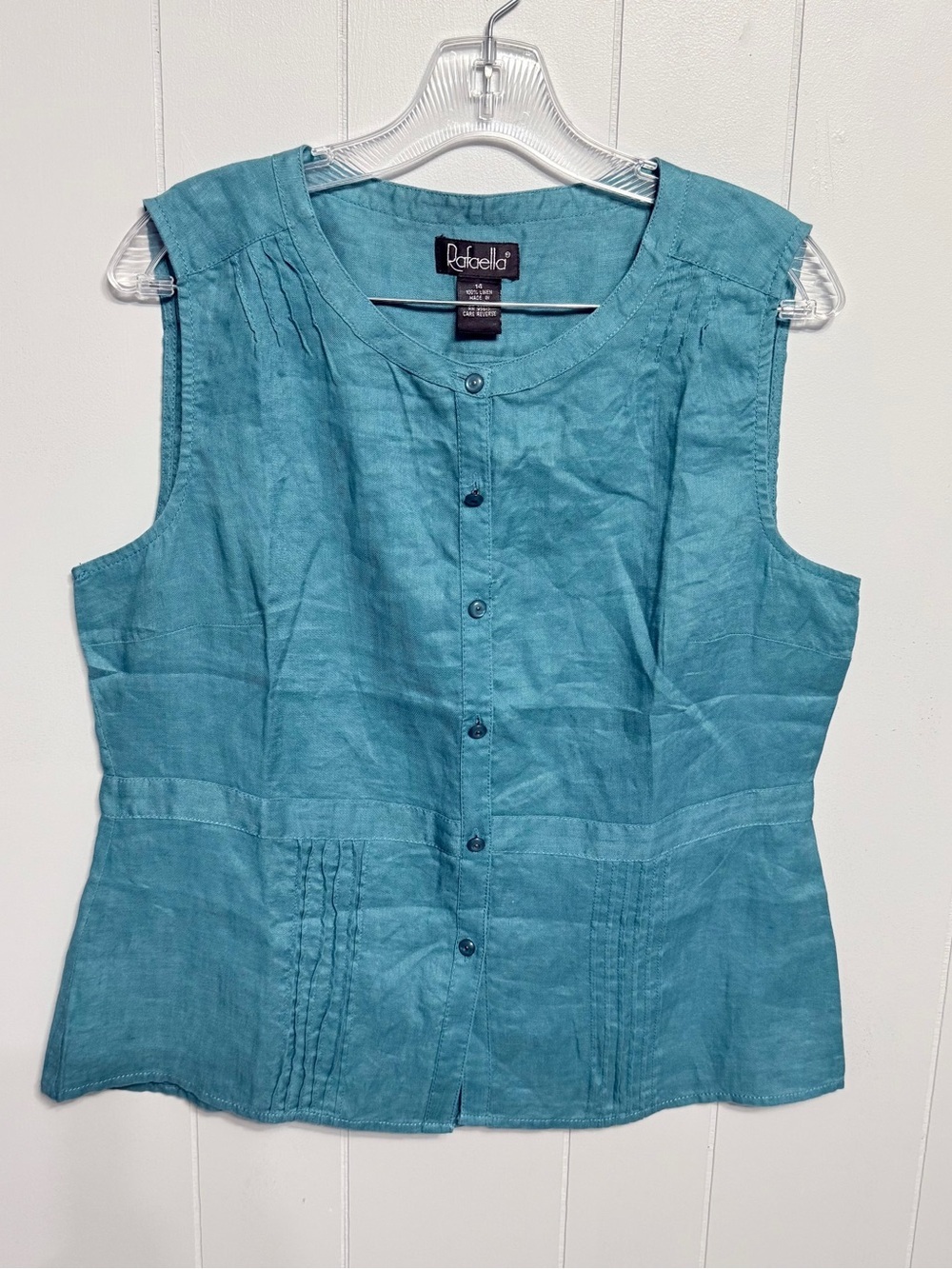 #10) Rafaella Teal Button-Front Sleeveless Linen Top